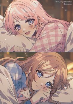 2girls bang_dream! bang_dream!_it&#039;s_mygo!!!!! blue_eyes blue_shirt blush brown_hair chihaya_anon closed_mouth commentary fang grey_eyes hashtag-only_commentary light_particles long_hair lying multiple_girls nagasaki_soyo on_side open_mouth pajamas pink_hair pink_shirt plaid_clothes plaid_shirt shirt sidelocks soha_blan under_covers unmoving_pattern