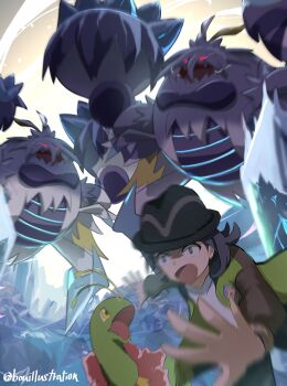 1boy alpha_pokemon antennae black_hair black_hat bo_(bouillustration) bracelet commentary_request crabominable eye_trail fleeing gen_2_pokemon gen_7_pokemon green_jacket hat highres ice jacket jewelry light_trail long_sleeves mega_crabominable mega_pokemon meganium motion_blur nintendo open_clothes open_jacket open_mouth paxton_(pokemon) pokemon pokemon_(creature) pokemon_legends:_z-a red_eyes scared shirt short_hair twitter_username white_shirt yellow_eyes