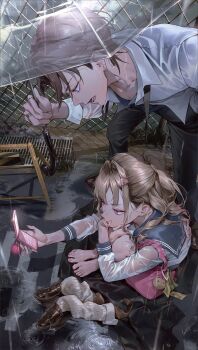 1boy 1girl bag barefoot bent_over black_pants blonde_hair brown_hair cellphone chain-link_fence collared_shirt fence flip_phone hair_intakes hair_ornament hair_pulled_back hairclip handbag highres holding holding_phone hvvvzzz loose_necktie nail_polish necktie open_mouth original pants phone pink_eyes pink_nails rain school_uniform serafuku shirt short_hair sitting transparent transparent_umbrella umbrella water white_shirt