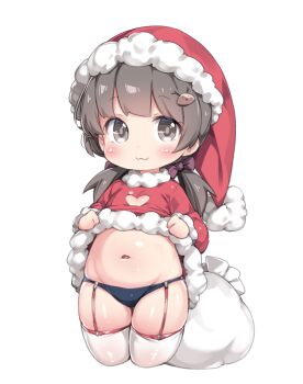 1girl :3 black_eyes black_hair blue_panties closed_mouth clothes_lift commentary_request cropped_legs dress dress_lift garter_straps hair_ornament hat highres lifting_own_clothes loli long_hair long_sleeves looking_at_viewer navel original panties red_hat santa_costume santa_dress santa_hat simple_background solo tamase_tama thighhighs twintails underwear white_background white_thighhighs