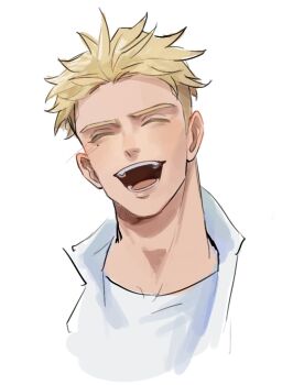 1boy blonde_hair closed_eyes collared_shirt commentary english_commentary highres kookirani male_focus millions_knives open_mouth portrait shirt short_hair simple_background smile solo teeth tongue trigun trigun_stampede white_background white_shirt white_theme