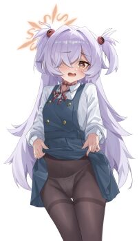 1girl absurdres black_pantyhose blue_archive blue_dress blush brown_eyes brown_halo buttons clothes_lift collared_shirt cowboy_shot double-breasted dress dress_lift dress_shirt eyeball_hair_ornament furrowed_brow grey_hair groin hair_intakes hair_over_one_eye halo heart heart-shaped_pupils highres kanoe_(blue_archive) lifting_own_clothes loli long_bangs long_hair long_sleeves looking_at_viewer manjie one_eye_covered open_mouth panties panties_under_pantyhose pantyhose pinafore_dress pleated_dress presenting school_uniform shirt simple_background sleeveless sleeveless_dress solo spiked_hair sweatdrop symbol-shaped_pupils thigh_gap thighband_pantyhose thighs two_side_up underwear very_long_hair white_background white_panties white_shirt