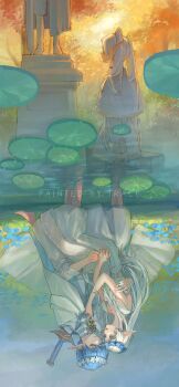 Rule 34 | 1boy, 1girl, :d, absurdres, alternate costume, alternate hair length, alternate hairstyle, alternate species, artist name, bare shoulders, blue flower, blue hair, branch, capelet, chinese commentary, cloak, closed mouth, commentary request, couple, covered eyes, cowboy shot, day, dress, dusk, earrings, elf, feet out of frame, field, floating earrings, flower, flower field, flower ring, food, foot out of frame, frieren, fruit, grass, green eyes, hair down, hair tubes, hand on another's arm, head wreath, hetero, highres, himmel (sousou no frieren), holding, holding branch, holding hands, jewelry, lake, lily pad, long hair, long sleeves, looking at another, looking at object, low ponytail, mole, mole under eye, multiple views, nemophila (flower), on ground, open mouth, parted bangs, pointy ears, ponytail, profile, reflected worlds, reflection, reflective liquid, robe, short eyebrows, single hair tube, sitting, sitting on lap, sitting on person, sleeveless, sleeveless dress, smile, soaking feet, sousou no frieren, standing, statue, sword, sword on back, teardrop earrings, tree, twintails, weapon, weapon on back, white capelet, white cloak, white dress, white flower, white hair, white robe, zongsi600