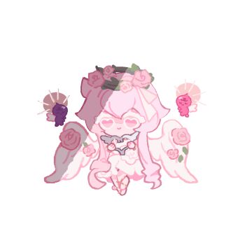 1girl angel angel_wings barefoot_sandals_(jewelry) cherub chibi closed_mouth colored_eyelashes commentary cookie_run cookie_run:_kingdom dress dress_flower drill_hair feathered_wings floating flower flower_dress glowing hair_between_eyes hair_ribbon harp head_wreath heart heart-shaped_eyes heart-shaped_instrument holding holding_instrument instrument long_hair looking_at_viewer medium_dress mycookie pink_eyes pink_flower pink_hair pink_rose reed ribbon rose simple_background sleeveless sleeveless_dress smile solo symbol-only_commentary twin_drills very_long_hair white_background white_dress white_flower white_ribbon white_wings wing_flower wings