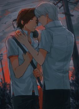 2boys black_pants brown_hair commentary_request dusk grey_sky hanamura_yousuke headphones headphones_removed highres looking_at_another male_focus multiple_boys narukami_yu orange_shirt outdoors pants persona persona_4 power_lines sakanaya0108 shirt short_hair short_sleeves sky undershirt utility_pole white_shirt yaoi