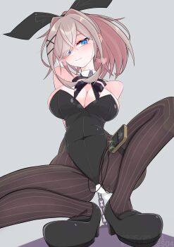 1girl absurdres animal_ear_hairband animal_ears bdsm blonde_hair blue_eyes bondage bound breasts chain commentary_request electrostimulation fake_animal_ears fake_tail female_focus hair_over_one_eye hairband highres large_breasts looking_at_viewer menou_74 nijisanji pantyhose playboy_bunny ponytail pussy_juice rabbit_ear_hairband rabbit_ears rabbit_tail simple_background solo squatting striped_clothes striped_pantyhose suzuhara_lulu tail variant_set virtual_youtuber