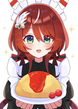 1girl alternate_costume animal_ears blush commentary_request enmaided food green_eyes hair_between_eyes hair_ornament highres horse_ears horse_girl long_hair low_twintails maid omelet omurice open_mouth plate portrait shiroiro_obake solo sparkle twintails umamusume white_background win_variation_(umamusume)