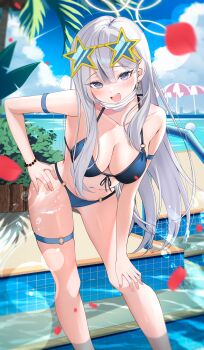 1girl absurdres arm_strap bikini blue_archive blue_bikini blue_sky blush bracelet breasts cleavage coconut_tree commentary ear_ornament earrings eyewear_on_head fingernails front-tie_bikini_top front-tie_top grey_eyes grey_hair halterneck hand_on_own_hip heart heart_earrings highres jewelry konoka_(blue_archive) kunimine_yuzuki long_hair mask mask_around_neck medium_breasts mouth_mask navel open_mouth palm_tree pool sky solo string_bikini surgical_mask swimsuit thigh_strap thighs tree yellow-framed_eyewear