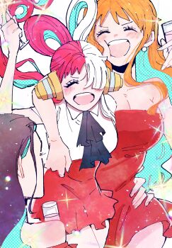 3girls absurdres arm_around_neck bare_shoulders birthday black_hair blush breasts cleavage closed_eyes commentary_request cowboy_shot cup dress earrings hand_on_another&#039;s_hip hand_up happy highres holding holding_cup jewelry kouyou_(hrk95712) large_breasts long_hair multicolored_hair multiple_girls nami_(one_piece) nico_robin official_alternate_costume one_piece orange_hair pearl_earrings red_dress red_hair red_skirt shirt skirt smile sparkle strapless strapless_dress teeth two-tone_hair upper_teeth_only uta_(one_piece) wavy_hair white_hair white_shirt