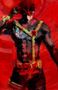 Rule 34 | 1boy, arm up, belt, blue bodysuit, bodysuit, brown hair, closed mouth, covered abs, covered pectorals, cowboy shot, cyclops, cyclops (x-men), gloves, glowing, glowing eye, head-mounted display, highres, kyezzzz, male focus, marvel, one-eyed, painterly, pectorals, red background, short hair, solo, standing, toned, toned male, utility belt, x-men, yellow belt, yellow gloves