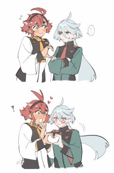 Rule 34 | !, ..., 2girls, asticassia school uniform, black hairband, blue eyes, blush, closed mouth, commentary, crossed arms, flying sweatdrops, green jacket, grey hair, gundam, gundam suisei no majo, hairband, hand on another's waist, heart, heart hands, heart hands duo, highres, jacket, long hair, miorine rembran, multiple girls, red hair, school uniform, shirop imas, simple background, speech bubble, spoken ellipsis, suletta mercury, thick eyebrows, white background, white jacket, yuri