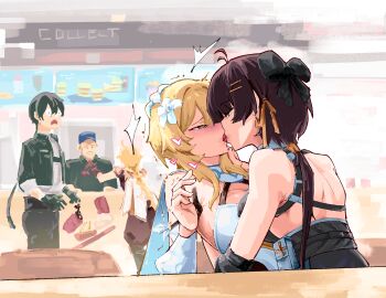 2girls 3boys aether_(genshin_impact) aura bare_shoulders baseball_cap beruangputih80 black_gloves black_hair blonde_hair blue_hat blush breast_press breasts brother_and_sister brown_hair cleavage commentary crossover dress dual_persona female_rover_(wuthering_waves) flower french_kiss genshin_impact gloves hair_flower hair_ornament half-closed_eyes hat heart heart-shaped_pupils highres indoors kiss long_hair lumine_(genshin_impact) male_rover_(wuthering_waves) multiple_boys multiple_girls ponytail rover_(wuthering_waves) saliva shoulder_blades siblings symbol-shaped_pupils symmetrical_docking tongue tongue_out white_dress white_flower wuthering_waves yuri