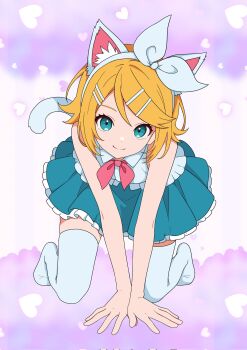 all_fours animal_ears aqua_eyes bare_arms bare_shoulders blonde_hair blouse blue_sky cat_ears cat_tail collared_shirt frilled_skirt frills hair_ornament hairclip head_tilt heart heart_background highres kagamine_rin looking_at_viewer neckerchief no_shoes pink_neckerchief pleated_skirt purple_background shirt short_hair skirt sky smile swept_bangs tail thighhighs vocaloid white_shirt white_thighhighs yakiniku-oyaji zettai_ryouiki