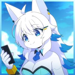 1girl :< :d ahoge android animal_ear_piercing animal_ears animated araunia bella_(dev_voxy) blinking blue_border blue_eyes blue_hair blue_necktie border borrowed_character breasts cellphone cleavage closed_eyes colored_tips detached_collar ear_wiggle fox_ears fox_girl furry furry_female hair_ornament hairclip holding holding_phone long_hair looking_at_phone looking_at_viewer multicolored_hair musical_note necktie ocean open_mouth original phone short_necktie smartphone smile solo upper_body video waving white_hair