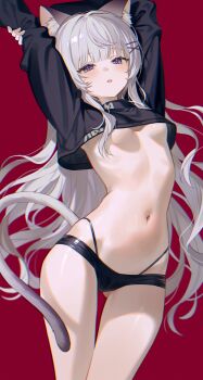 1girl absurdres animal_ear_fluff animal_ears arms_up black_panties black_shirt blush breasts cat_ears cat_tail commentary cropped_shirt extreme_crop_top fymrie gluteal_fold grey_hair hair_ornament highres long_hair long_sleeves lying medium_breasts navel on_back open_mouth original panties purple_eyes red_background shirt simple_background stomach stretching symbol-only_commentary tail thighs underboob underwear x_hair_ornament