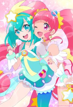 2girls :d ;d ahoge aqua_choker aqua_dress aqua_eyes aqua_hair aqua_nails aqua_pantyhose blunt_bangs blush breasts brooch bubble_skirt choker collarbone commentary cowboy_shot cure_milky cure_star dot_nose double-parted_bangs dress earrings four-pointed_star front-to-back fur_cuffs fur_trim hagoromo_lala hair_between_eyes hair_ornament hairband hand_on_another&#039;s_arm holding_hands hoop_earrings hoshina_hikaru jewelry legs_apart light_particles long_hair magical_girl medium_hair multiple_girls nail_polish nashirasauce one_eye_closed open_mouth pantyhose petticoat pink_background pink_choker pink_dress pink_eyes pink_hair pink_nails pink_thighhighs planet_hair_ornament pointy_ears pouch precure puffy_short_sleeves puffy_sleeves see-through_clothes see-through_sleeves shooting_star_hair_ornament short_dress short_sleeves single_leg_pantyhose single_thighhigh skirt small_breasts smile sparkle sparkle_background star_(symbol) star_brooch star_choker star_earrings star_hair_ornament star_hairband star_twinkle_precure teeth thighhighs twintails twitter_username upper_teeth_only very_long_hair white_wrist_cuffs wrist_cuffs yellow_hairband