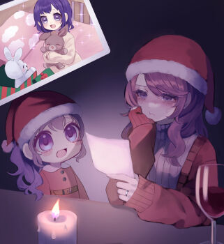 Rule 34 | 2girls, aged down, asahina mafuyu, asahina mafuyu's mother, blush, buttons, candle, candlelight, cardigan, christmas, closed mouth, collared dress, commentary request, crying, crying with eyes open, dress, empty eyes, fur-trimmed headwear, fur trim, grey sweater, hand on own cheek, hand on own face, hand up, hat, highres, holding, holding photo, indoors, jewelry, jishou 210, long hair, long sleeves, looking at another, looking at object, mother and daughter, multiple girls, open cardigan, open clothes, open mouth, photo (object), ponytail, project sekai, purple eyes, purple hair, red cardigan, red dress, red hat, ribbed sweater, ring, sad, santa hat, sleeves past wrists, sparkle, sweater, table, tears, tongue, turtleneck, turtleneck sweater, upper body