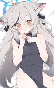 Rule 34 | 1girl, above-cleavage cutout, animal ears, bare shoulders, black dress, black ribbon, blue archive, blue halo, breasts, china dress, chinese clothes, clothing cutout, covered navel, cowboy shot, crossed bangs, dress, grey hair, hair between eyes, hair ribbon, halo, highres, kokona (blue archive), looking at viewer, orange eyes, pelvic curtain, pinstripe dress, pinstripe pattern, ribbon, sleeveless, sleeveless dress, small breasts, solo, tiger ears, tiger girl, tntl nemui