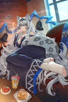 1girl animal_ear_fluff arknights bell black_dress breasts couch cup dress food fruit full_body highres indoors large_breasts long_hair long_sleeves no_shoes on_couch pramanix_the_prerita_(arknights) snow_leopard_ears snow_leopard_girl snow_leopard_tail solo strawberry toeless_legwear very_long_hair zayur