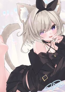 1girl :d animal_ears bare_shoulders barefoot black_collar black_hairband black_jacket black_skirt brown_hair cat_ears cat_girl cat_tail collar commentary crop_top fangs hairband halterneck highres jacket jewelry long_sleeves looking_at_viewer lying moizumi_shipon necklace neo-porte off_shoulder on_stomach open_clothes open_jacket open_mouth pleated_skirt purple_eyes short_hair skirt sleeves_past_wrists smile symbol-only_commentary tail virtual_youtuber yozuna_niu