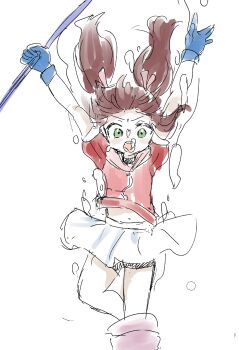 1girl arms_up ass bike_shorts bike_shorts_under_skirt breasts brown_hair gloves green_eyes highres legs looking_at_viewer navel net open_mouth saru_getchu sayaka_(saru_getchu) serious skirt small_breasts solo sony submerged teeth thighs tongue twintails underwater water