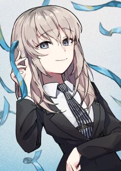 1girl black_jacket black_necktie blue_eyes closed_mouth commentary girls_band_cry grey_eyes grey_hair highres jacket kawaragi_momoka long_hair multicolored_hair necktie nekohige0123 roots_(hair) shirt solo striped_necktie symbol-only_commentary white_shirt