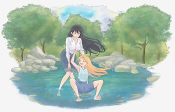 1other 2girls absurdres alt_text arato_nagi barefoot belt black_hair blonde_hair blue_pants blue_shirt blue_shorts breasts brown_belt collared_shirt commentary denim earrings english_commentary gem grass green_eyes grey_eyes headpat highres holding holding_gem itsjarrrd jeans jewelry large_breasts light_smile long_hair looking_at_another multiple_girls open_mouth pants pond rock ruri_no_houseki shirt shorts signature sitting sleeveless sleeveless_shirt stud_earrings tanigawa_ruri tree wading white_background white_shirt