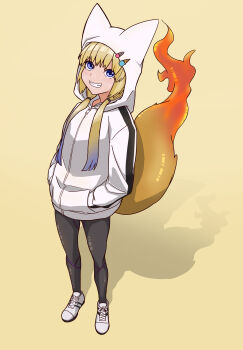 1girl absurdres animal_hood black_leggings blonde_hair fire flame-tipped_tail food-themed_hair_ornament fox_girl fox_hood fox_tail from_above full_body grin hair_ornament hands_in_pocket highres hood hoodie ice_cream_hair_ornament kemono_jihen kon_(kemono_jihen) leggings long_hair looking_at_viewer low_twintails post_(shake_shakepost) smile solo standing tail twintails white_hoodie yellow_background yellow_tail