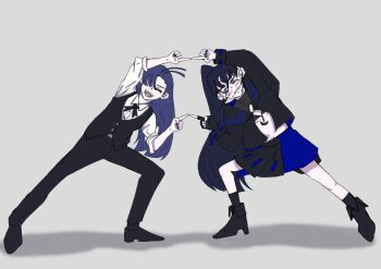 2girls ado_(utaite) ahoge bikini black_bikini black_footwear black_gloves black_pants black_ribbon black_sailor_collar black_shirt black_skirt black_socks black_vest blue_eyes blue_hair breasts clenched_teeth cloud_nine_inc collared_shirt commentary_request dark_blue_hair dress_shirt fingerless_gloves fusion_dance gloves grey_background hair_between_eyes hair_over_one_eye highres long_hair long_sleeves merry_(ado) midriff multiple_girls naima_(ado) neck_ribbon open_clothes open_mouth open_shirt pants ponytail readymade_(ado) ribbon sailor_collar shirt single_glove skirt three-quarter_sleeves small_breasts socks swimsuit teeth tone_(tone0604) underboob usseewa very_long_hair vest white_shirt