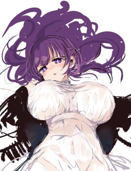 1girl :o blush breasts fern_(sousou_no_frieren) highres large_breasts long_hair looking_at_viewer simple_background solo sousou_no_frieren sukima_(crie) white_background