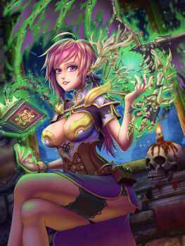 1girl ahoge amulet armor bangle book bracelet breasts candle cleavage corset cowboy_shot crossed_legs fantasy female_focus floating floating_book floating_object frilled_thigh_strap fullmetalaof highres jewelry large_breasts long_hair looking_at_viewer magic original parted_lips pauldrons ponytail purple_eyes purple_hair short_sleeves shoulder_armor sitting sk_(fullmetalaof) skeleton skull smile solo sparkle summoning thigh_strap
