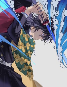 Rule 34 | 1boy, belt, black hair, black jacket, black pants, blue eyes, buttons, closed mouth, commentary request, constricted pupils, demon slayer uniform, fingernails, gold buttons, haori, high collar, highres, holding, holding sword, holding weapon, jacket, japanese clothes, katana, kikkoumon, kimetsu no yaiba, korean commentary, long hair, low ponytail, male focus, pants, ponytail, print haori, profile, red haori, solo, spiked hair, sword, tomioka giyuu, water, weapon, white background, white belt, zzac0004