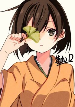 1girl absurdres brother_and_sister brown_eyes covering_one_eye ginkgo_leaf highres hiryuu_(kancolle) holding holding_leaf ichigomaru_d japanese_clothes kantai_collection kimono leaf looking_at_viewer orange_kimono short_hair siblings signature simple_background solo white_background