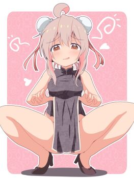 Rule 34 | 1girl, ahoge, alternate breast size, alternate hairstyle, bare arms, bare legs, bare shoulders, black dress, blush, breasts, brown eyes, bun cover, clothes lift, commentary, double bun, dress, full body, hair between eyes, hair bun, hair ribbon, heart, high heels, highres, long hair, looking at viewer, medium breasts, no panties, onii-chan wa oshimai!, open mouth, outline, oyama mahiro, pelvic curtain, pelvic curtain lift, pink background, pink hair, ribbon, shoes, simple background, sleeveless, sleeveless dress, smile, solo, spread legs, squatting, straight-on, unkimo, white outline