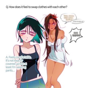 Rule 34 | 2girls, alien stage, anger vein, arm behind back, black hair, black tank top, blue pants, blush stickers, bob cut, bow, breasts, brown hair, chest bow, dark-skinned female, dark skin, dress, dress bow, dress tug, elbow gloves, english text, gloves, highres, hyuna (alien stage), juliet sleeves, long hair, long sleeves, lubya, multiple girls, pants, puffy sleeves, short hair, single blush sticker, sua (alien stage), tank top, very long hair, white bow, white dress, white gloves