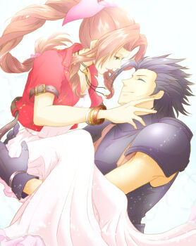 1boy 1girl 3mame_000_185 aerith_gainsborough armor black_gloves black_hair black_sweater braid braided_ponytail brown_hair carrying closed_eyes closed_mouth commentary_request couple crisis_core:_final_fantasy_vii cross_scar dress facial_scar facing_another feet_out_of_frame final_fantasy final_fantasy_vii final_fantasy_vii_remake from_side gloves hair_ribbon jacket looking_at_another open_clothes open_jacket parted_bangs pink_dress pink_ribbon ponytail princess_carry red_jacket ribbon scar scar_on_cheek scar_on_face short_sleeves shoulder_armor sleeveless sleeveless_turtleneck spiked_hair sweater turtleneck turtleneck_sweater upper_body zack_fair