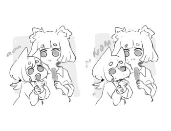 Rule 34 | 2girls, :3, :o, animal ears, bear ears, bear girl, before and after, big head, blunt bangs, blunt ends, blunt sidelocks, borrowed character, brain freeze, cat ears, cat girl, chibi, chibi only, chocolate, closed mouth, collared shirt, commentary, cropped torso, eating, eyebrows hidden by hair, feeding, flying sweatdrops, food, from side, go! go! gris!, greyscale, grin, gris (go! go! gris!), half-closed eyes, hands up, height difference, holding, holding another&#039;s wrist, holding food, holding ice cream, ice cream, ice cream bar, leaning forward, leaning on person, long sleeves, looking at another, low twintails, medium hair, monochrome, multiple girls, narrowed eyes, neqo (character), neqo (neneneqo), nervous smile, nervous sweating, no nose, open mouth, original, own hands together, parted lips, raised inner eyebrows, shirt, short hair, sidelocks, sketch, sleeves rolled up, smile, solid oval eyes, sound effects, straight-on, sweat, symbol-only commentary, teeth, thick eyebrows, twintails, upper teeth only, w arms, white background, yurie mouth