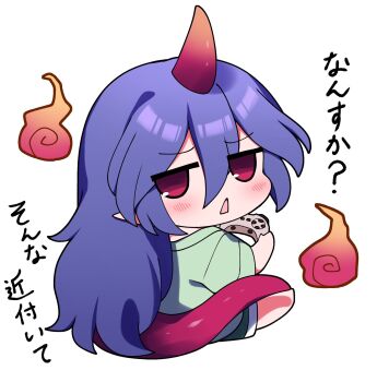 1girl blush commentary_request controller empty_eyes from_behind full_body game_controller green_shirt green_shorts hair_between_eyes highres holding holding_controller holding_game_controller horns long_hair looking_at_viewer looking_back open_mouth purple_hair shirt short_sleeves shorts simple_background single_horn sitting solo t-shirt tail tenkajin_chiyari touhou translation_request white_background you_(noanoamoemoe)