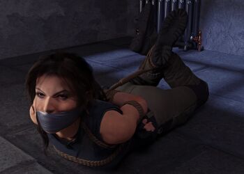 1girl 3d ass bound bound_ankles bound_arms bound_wrists breasts brown_eyes brown_hair gag gagged hogtie improvised_gag iorel-renders jewelry lara_croft necklace tape tape_gag tomb_raider tomb_raider_(reboot)