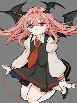 1girl bat_wings canariadraw demon demon_girl demon_wings embodiment_of_scarlet_devil grey_background head_wings highres imp koakuma long_hair long_sleeves looking_at_viewer necktie red_eyes red_hair red_necktie shirt skirt skirt_set solo touhou vest wings