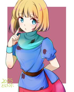 1girl 2025 :o arm_behind_back blonde_hair blood blood_on_clothes blood_on_face blood_on_hands blue_eyes blue_shirt blush commentary_request elena_stoddart finger_to_cheek open_mouth red_background saburouta_(hox-666) shirt short_hair short_sleeves sideways_glance solo upper_body ys ys_iii:_wanderers_from_ys