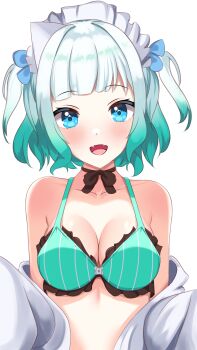 Rule 34 | 1girl, :d, absurdres, bare shoulders, black ribbon, blue bow, blue eyes, blush, bow, bra, breasts, collarbone, commentary, english commentary, fangs, gradient hair, green bra, green hair, hair bow, highres, indie virtual youtuber, large breasts, looking at viewer, maid headdress, mint fantome, multicolored hair, neck ribbon, open mouth, panpanmc4, ribbon, shirt, shirt partially removed, simple background, smile, solo, striped bra, striped clothes, triangular headpiece, two-tone hair, two side up, underwear, upper body, vertical-striped bra, vertical-striped clothes, virtual youtuber, white background, white hair, white shirt