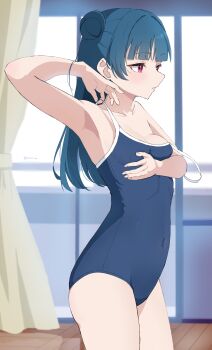 1girl absurdres amano_lier blue_hair blue_one-piece_swimsuit breasts commentary_request competition_school_swimsuit covered_navel cowboy_shot hair_bun highres long_hair looking_to_the_side love_live! love_live!_sunshine!! one-piece_swimsuit red_eyes school_swimsuit single_hair_bun single_side_bun small_breasts solo strap_slip swimsuit tsushima_yoshiko