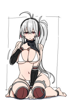 bikini breasts clothes_lift copyright_request cyborg durindana_7 headphones highres large_breasts midriff side_ponytail sitting swimsuit tagme thighs wariza white_bikini white_hair wire