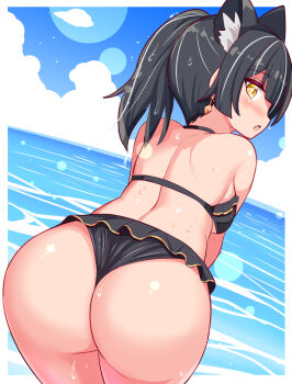 1girl animal_ears ass ass_focus bare_shoulders bikini black_hair blush breasts cat_ears cougar_(cougar1404) embarrassed from_behind hair_over_one_eye huge_ass leaning leaning_forward long_hair looking_back medium_breasts open_mouth ponytail sideboob solo swimsuit water wet wet_clothes wet_hair