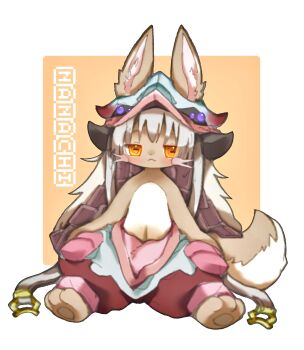 1other :&lt; absurdres androgynous animal_ears animal_feet arms_at_sides barefoot blush body_fur border brown_fur character_name fake_horns full_body furry half-closed_eyes helmet highres horizontal_pupils horned_helmet horns looking_at_viewer made_in_abyss nanachi_(made_in_abyss) navel nikamoka orange_background orange_eyes outside_border outstretched_legs puffy_pants simple_background sitting solo tail topless_other whiskers white_border white_hair