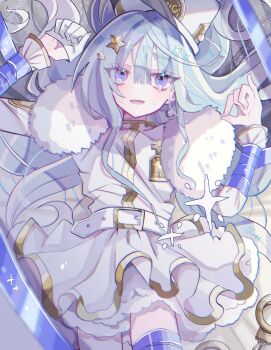 Rule 34 | 1girl, :d, absurdres, aqua hair, arm ribbon, arms up, belt, blue eyes, blue gem, bound, bound arms, collar, cuffs, curled fingers, dot nose, dress, earrings, fingernails, fur-trimmed dress, fur trim, gem, gloves, gold buckle, hair between eyes, hair ornament, hair spread out, half gloves, handcuffs, hat, highres, jewelry, layered dress, leg ribbon, long hair, long sidelocks, long sleeves, looking at viewer, lying, military hat, military uniform, nanamiya ten, on back, open mouth, original, pinky out, purple ribbon, ribbon, sidelocks, single glove, single half glove, smile, solo, sparkle print, star (symbol), star hair ornament, sweat, tenshi kaiwai, thigh ribbon, very long hair, white belt, white dress, white gloves, white hat