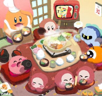 ^_^ blue_eyes blush_stickers bowl chef_hat chef_kawasaki chopsticks closed_eyes commentary_request cup eating food fruit hat holding holding_ladle indoors king_dedede kirby kirby_(series) kotatsu ladle mandarin_orange mask meta_knight nintendo no_humans nody_(nody_lowmoo) one-eyed open_mouth rice signature soup table television waddle_dee waddle_doo white_hat