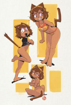 1girl absurdres alternate_costume animal_ears ass barefoot bikini black_shirt bottomless breasts brown_hair cat_ears cat_girl cat_tail commentary completely_nude covering_breasts covering_privates curvy edtropolis english_commentary from_behind full_body furry furry_female gameoverse glitch_productions goggles goggles_on_head grin highres indian_style kit_bodega leaning_forward looking_at_viewer medium_breasts navel nude official_alternate_costume red_eyes shirt short_hair sitting smile standing standing_on_one_leg swimsuit tail whiskers wide_hips yellow_bikini