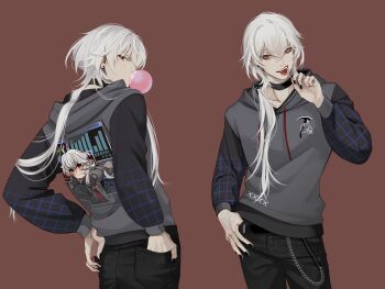 1boy a_date_with_death absurdres black_jacket black_nails blowing_bubble_gum candy casper_(a_date_with_death) chewing_gum contrapposto cowboy_shot food front_and_back grid_print hair_over_shoulder hand_in_pocket highres hood hood_down jacket jellyfish_cut lollipop looking_at_viewer looking_back male_focus official_art print_jacket promotional_art red_eyes sharp_teeth solo standing teeth white_hair